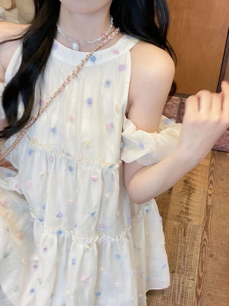 減齡泡泡袖掛脖連衣裙女2023夏季新款圓領寬鬆顯瘦百搭a字中長裙