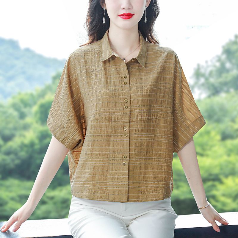開衫休閒短袖女夏季新款2023韓版寬鬆洋氣蝙蝠襯衫薄款棉麻上衣