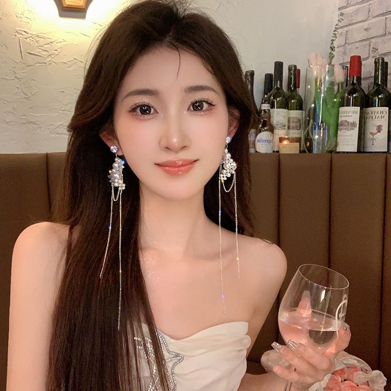 純銀耳釘誇張珍珠大氣流蘇耳環女2023年新款潮高級感輕奢小眾耳飾