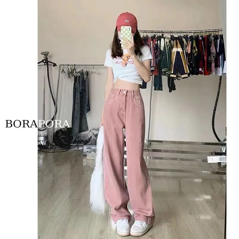 髒粉色闊腿牛仔褲女春夏2023新款寬鬆高腰顯瘦大碼直筒褲子ins潮