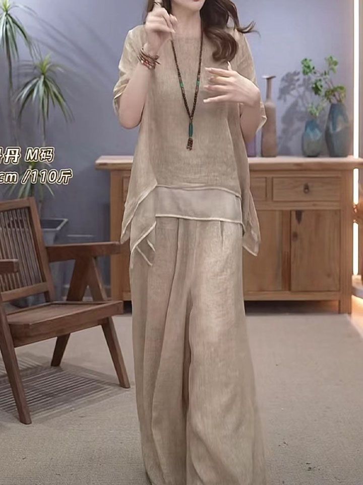 文藝復古棉麻套裝女2023夏季新高檔民族風寬鬆顯瘦遮肚氣質兩件套
