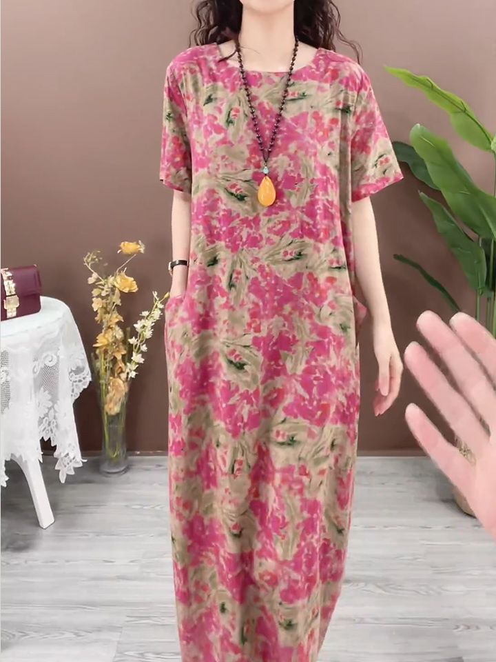 2023夏季新款寬鬆遮肉大碼女裝氣質粉色棉麻連衣裙遮肚子民族風女