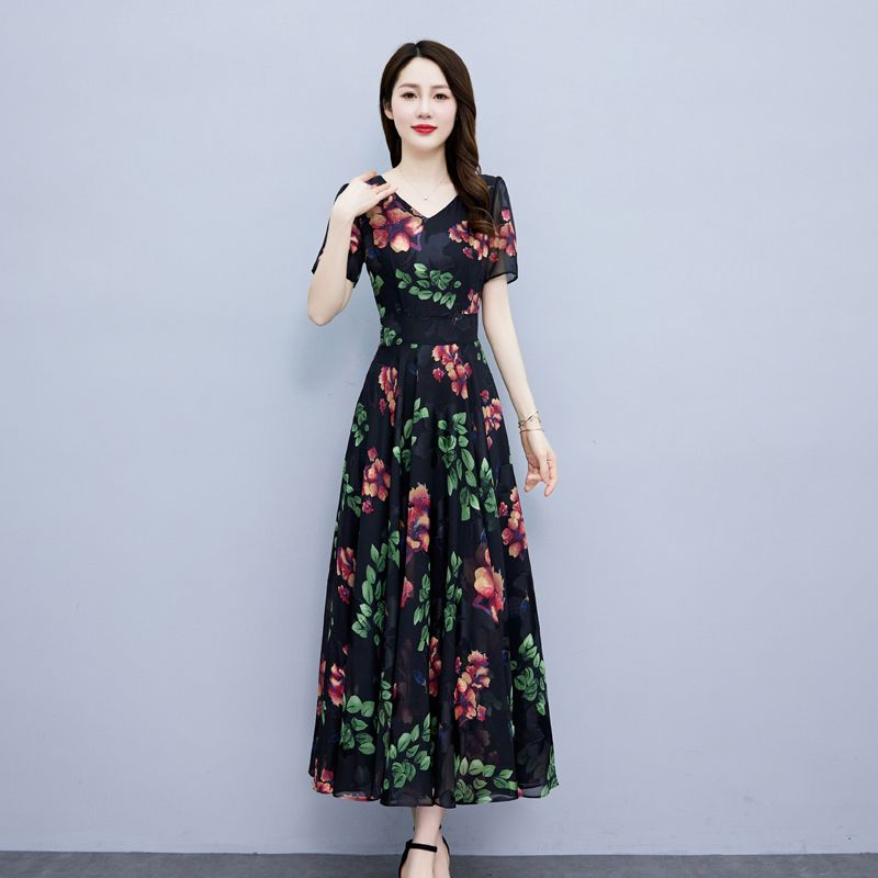 高檔連衣裙新款2023年夏季高貴優雅氣質媽媽中長款雪紡碎花裙子女
