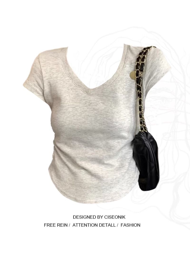 Cotton t-shirt hot girl irregular V-neck front shoulder short-sleeved T-shirt women's summer design sense of folds waist short top tide
