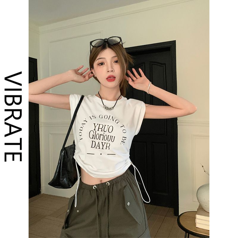 VIBRATE美式復古無袖墊肩T恤女短款字母印花套頭抽繩短款上衣潮