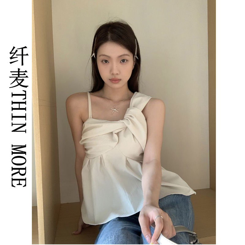 纖麥THIN MORE甜辣吊帶背心女夏季修身顯瘦短款設計感扭結上衣韓