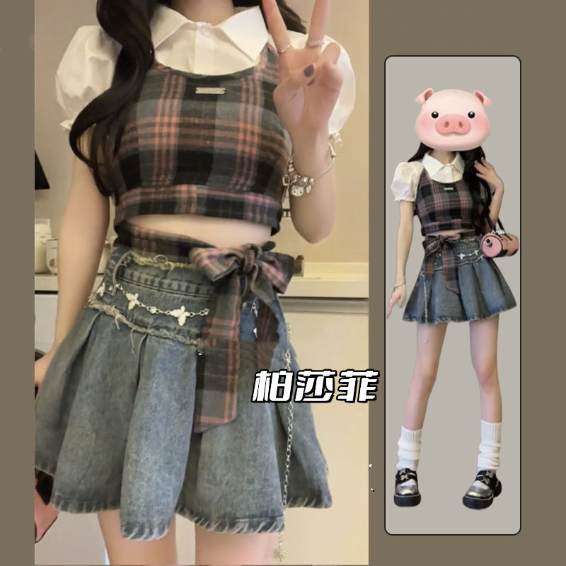 大碼女裝夏季套裝女2023新款氣質顯瘦吊帶短袖牛仔半身裙三件套潮