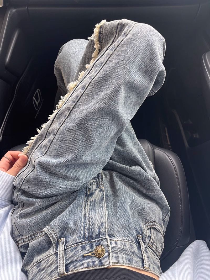 淺色毛邊開叉牛仔褲女春夏新款復古設計感窄版直筒高腰闊腿拖地褲