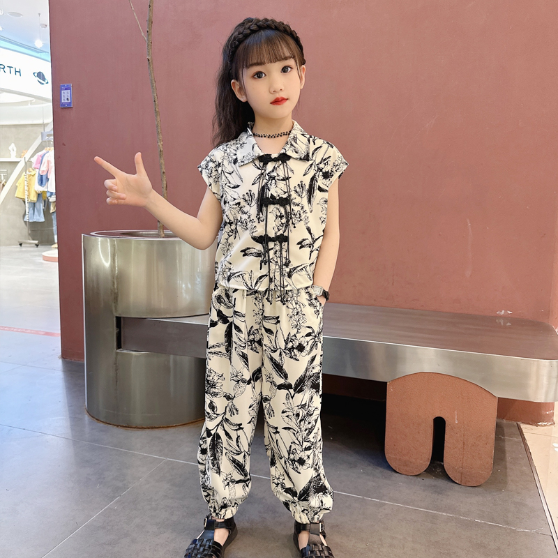 中大女童夏裝2023新款14歲女孩洋氣復古水墨畫公主風潮流兩件套裝