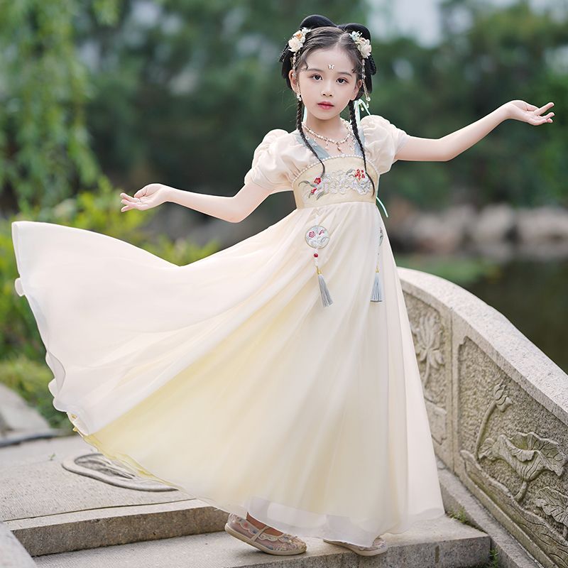 中秋節兒童漢服中國風秋款連衣裙女孩2023新款裙子古風兒童古裝
