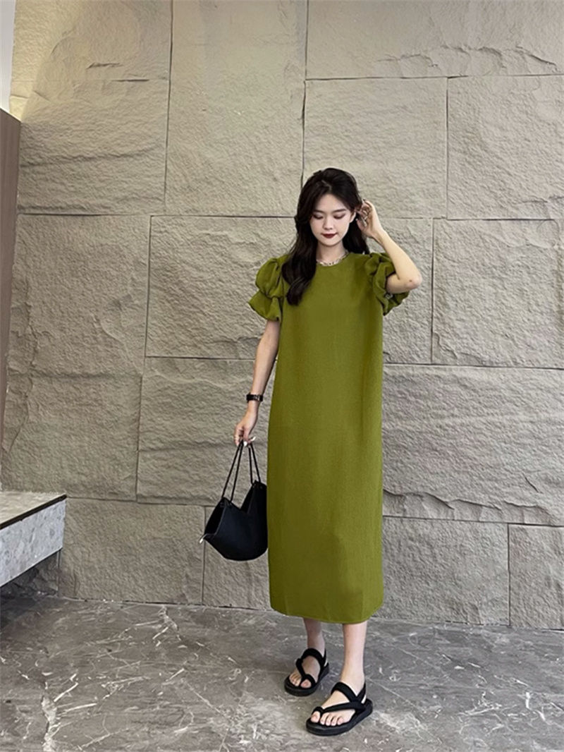 Puff sleeve dress, fat mm, pear-shaped figure, light mature celebrity style, wearing a pendant skirt, chic and unique skirt for women