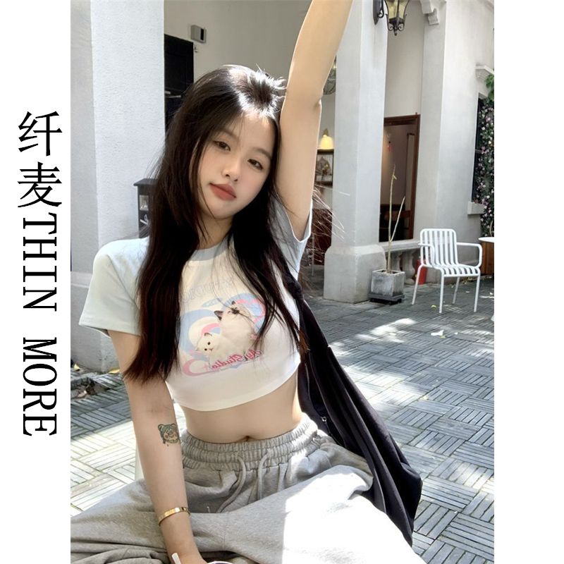 Fianmai THIN MORE raglan sleeve short cat love printed letters short-sleeved T-shirt women's summer shoulder top