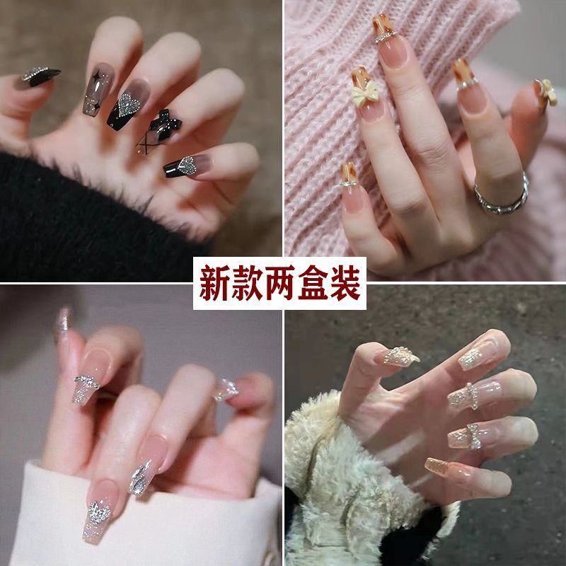 美甲穿戴甲2022新款指甲貼美甲片ins高級秋冬中長款法式顯白甲片