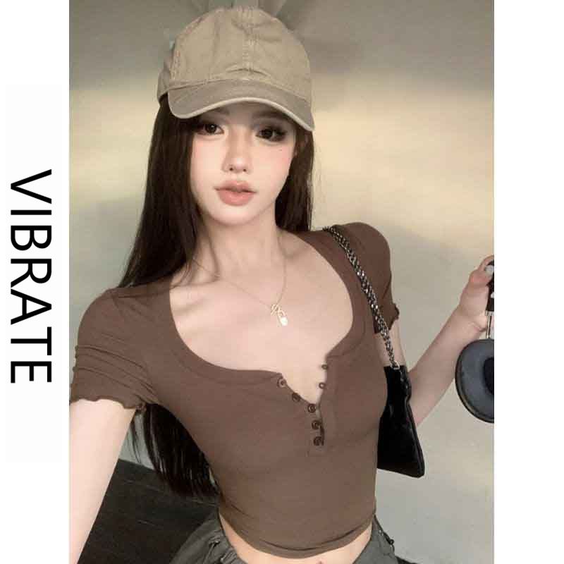 VIBRATE Korean version of tight and thin short-sleeved t-shirt women's summer sweet hot girl short top design sense niche Korean