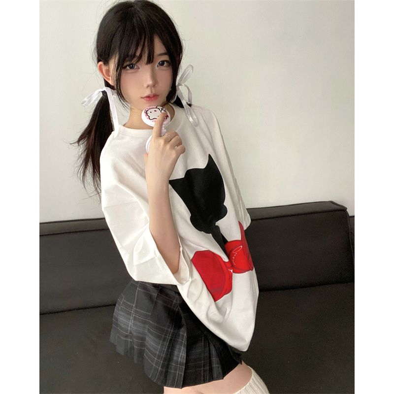 100% cotton American personality cartoon printing round neck short-sleeved T-shirt female summer student mid-length all-match top