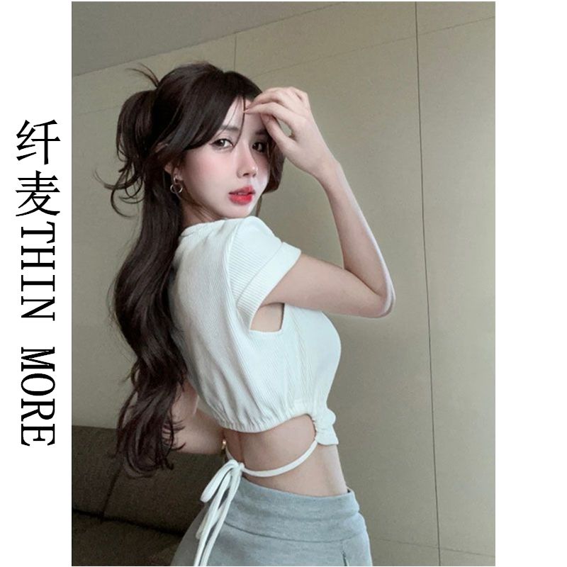 Fianmai THIN MORE Sweet Hot Girl Backless Short Top Women's Summer Design Waist Strap Right Shoulder Short Sleeve T-Shirt