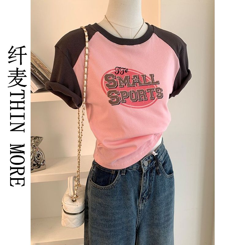 Fianmai THIN MORE pink printed raglan short-sleeved t-shirt women's slim fit t-shirt hot girl short top