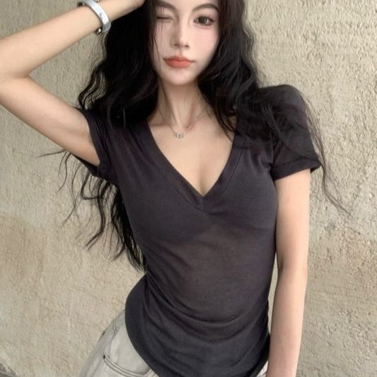 SODAZZZ hot girl style V-neck gray shoulder short-sleeved T-shirt women's summer thin slim-fitting bottoming shirt top