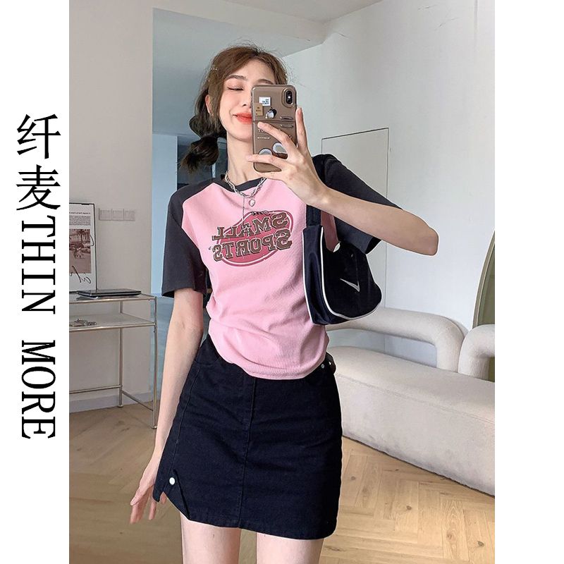 纖麥THIN MORE復古T恤女夏季新款插肩短袖打底衫收腰圓領短款上衣