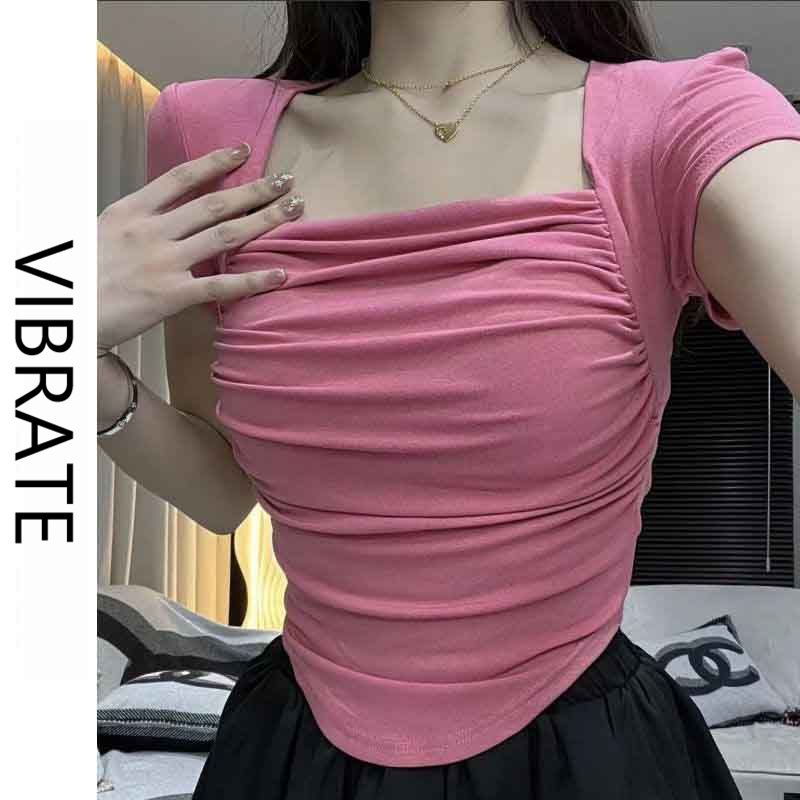 VIBRATE Korean version of the design sense short-sleeved summer new short women's top slim fit was thin wrinkled niche T-shirt