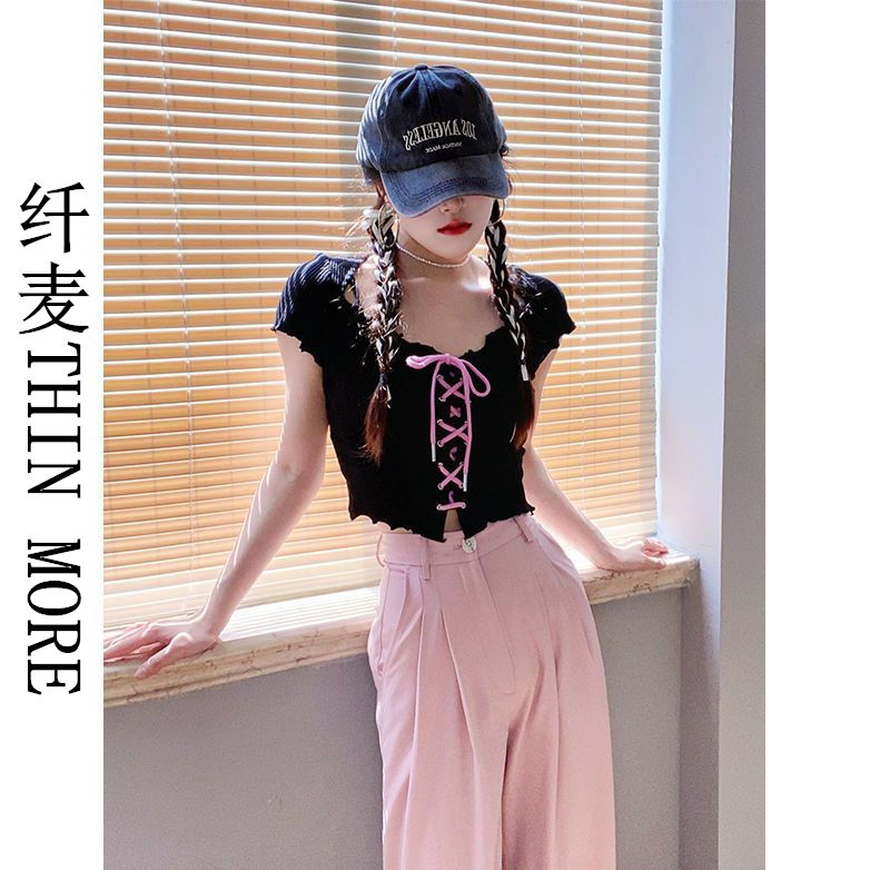 Fianmai THIN MORE slim, sweet and cool strappy shoulder short-sleeved T-shirt for women with summer and Korean design niche short top