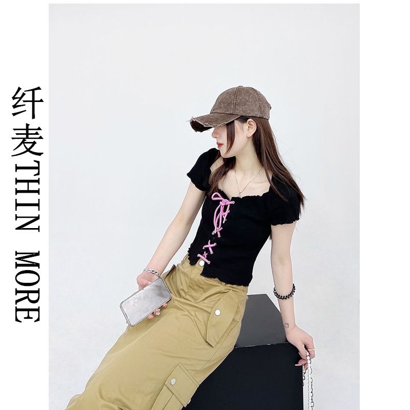 Fianmai THIN MORE slim, sweet and cool strappy shoulder short-sleeved T-shirt for women, summer and Korean style hot girl niche short top