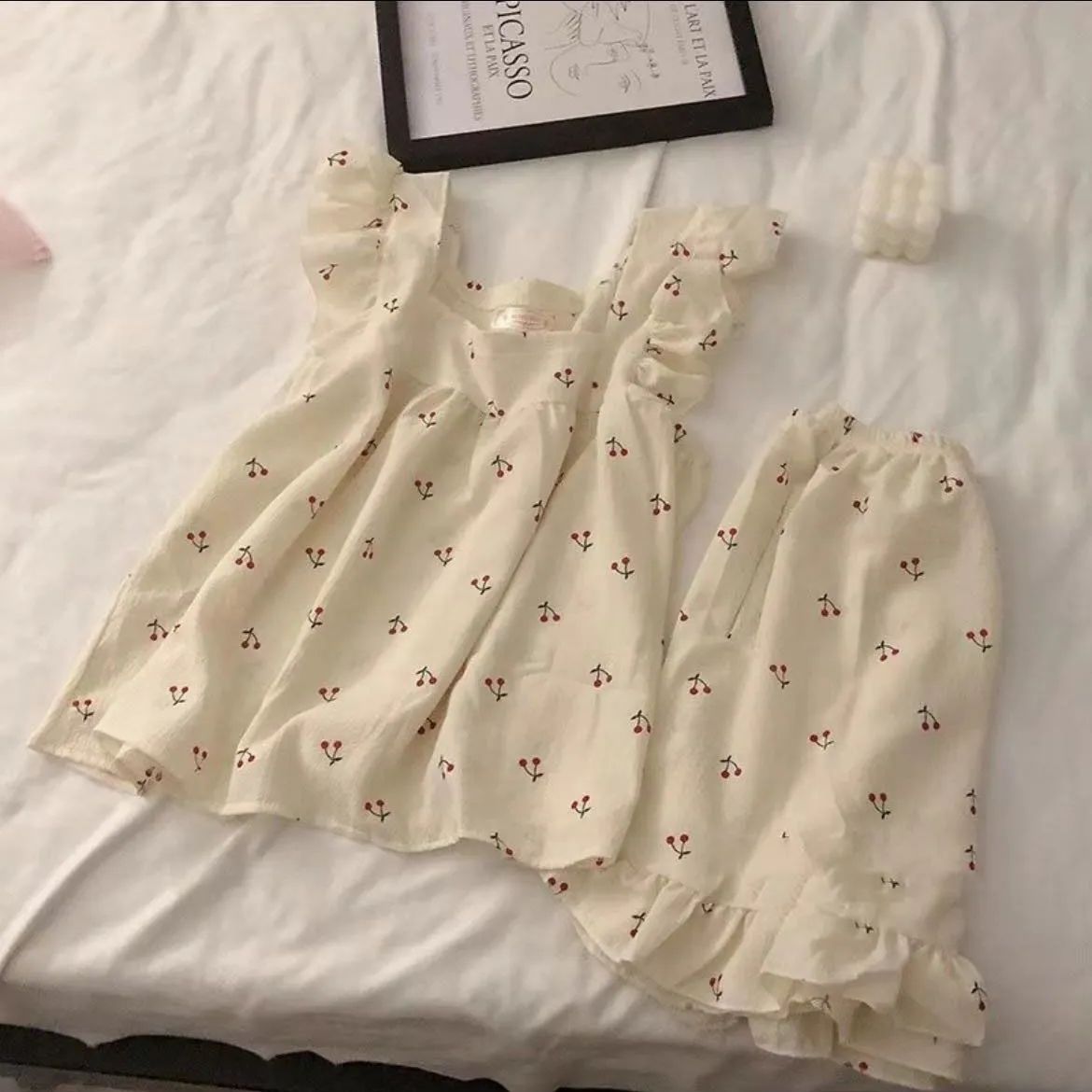 ins風爆款睡衣女夏天泡泡縐甜美櫻桃吊帶睡衣套裝兩件套家居服