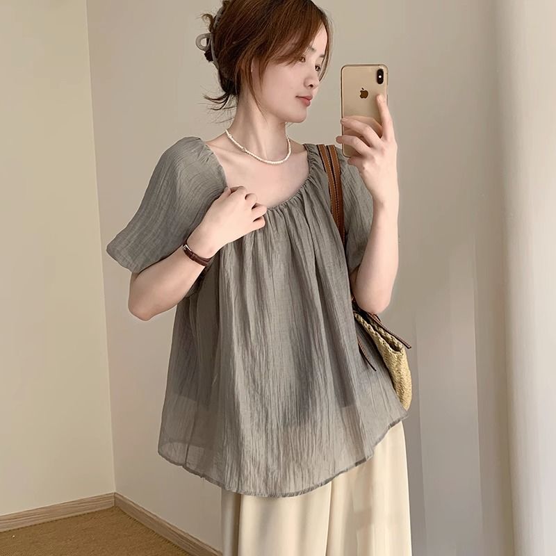 低領純色氣質仙氣上衣2023夏季新款女裝時尚圓領通勤寬鬆顯瘦短袖