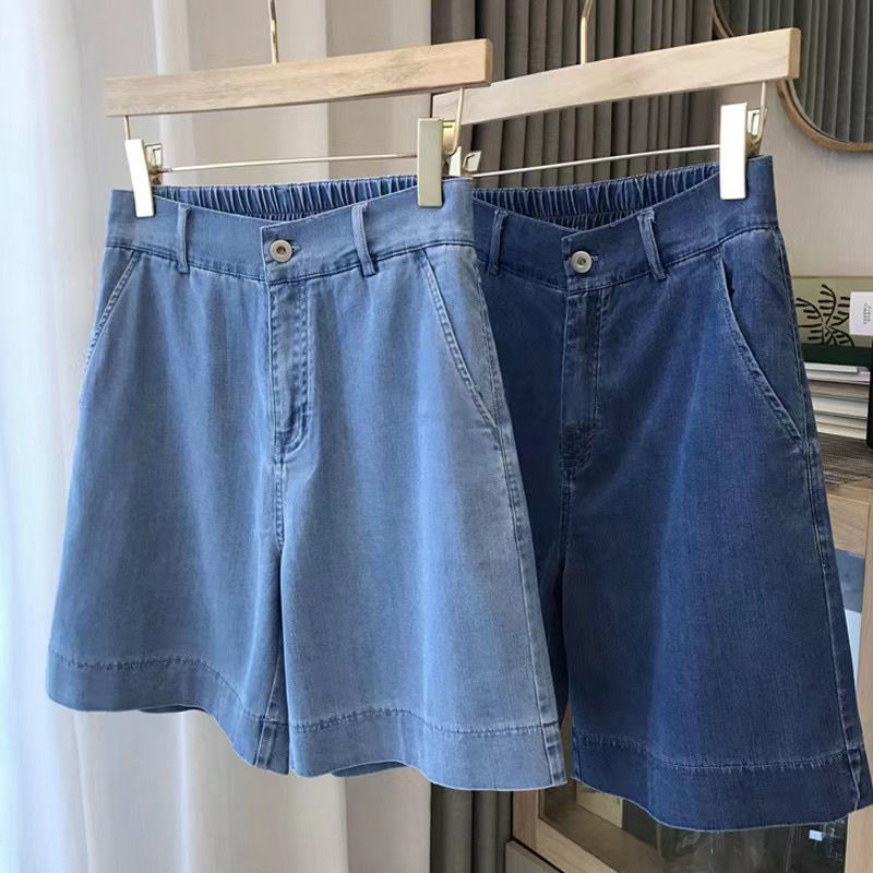 Plus size pear-shaped figure Tencel denim shorts for women summer thin loose slimming high waist straight wide leg five-point pants