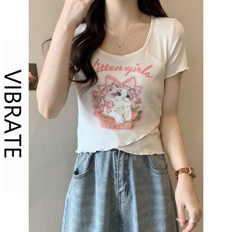 VIBRATE Korean version of the cat square collar front shoulder short-sleeved T-shirt female hot girl short section cross chic top bottoming shirt