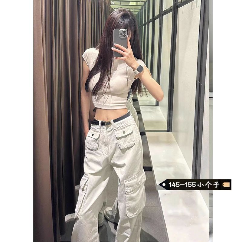 小個子美式高街白色工裝褲女夏季高腰設計感多口袋寬鬆顯瘦闊腿褲