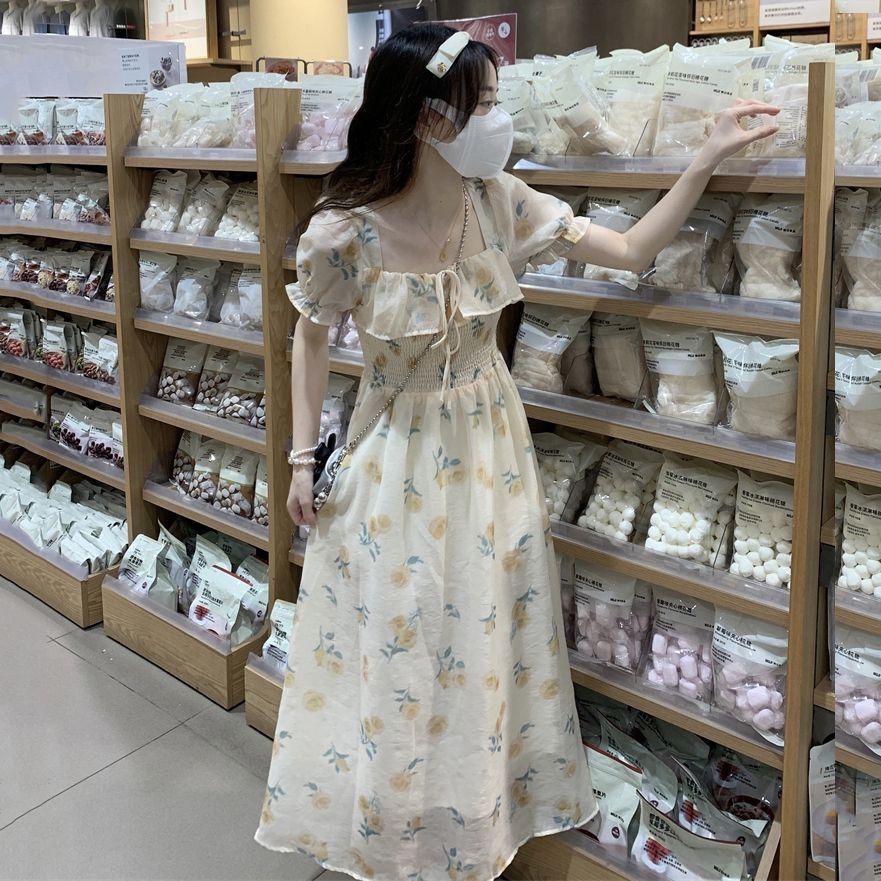 茶歇法式碎花連衣裙女夏泡泡袖氣質收腰清純甜美仙女溫柔初戀長裙