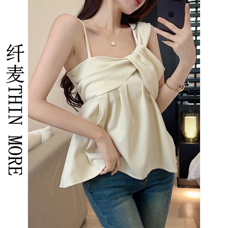 纖麥THIN MORE短款娃娃衫女夏季新款扭結吊帶上衣減齡無袖小背心