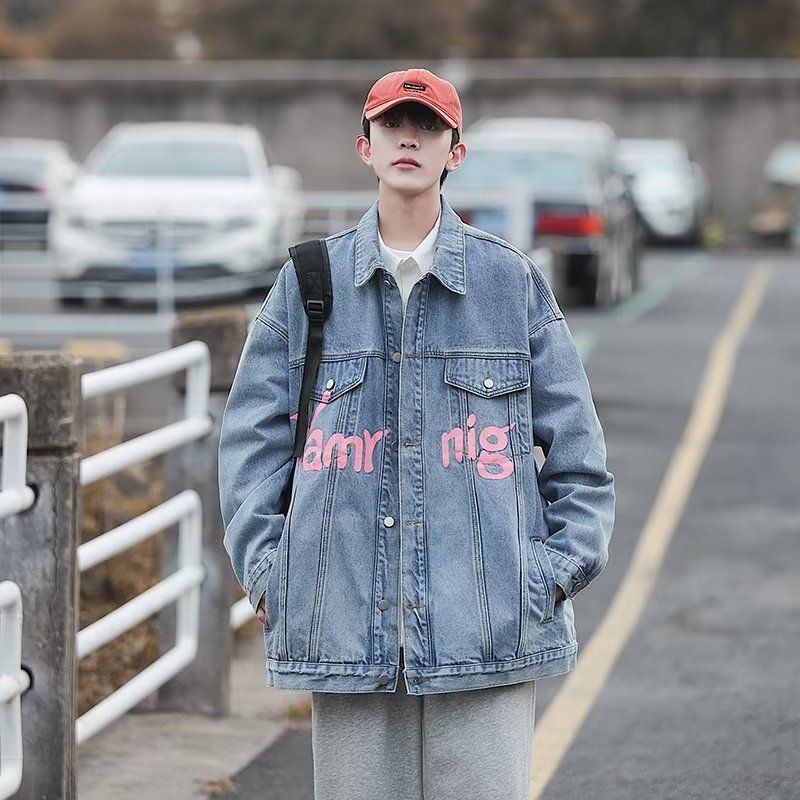 Letter graffiti denim jacket men's high street ins Hong Kong style handsome top spring and autumn trendy brand loose workwear jacket