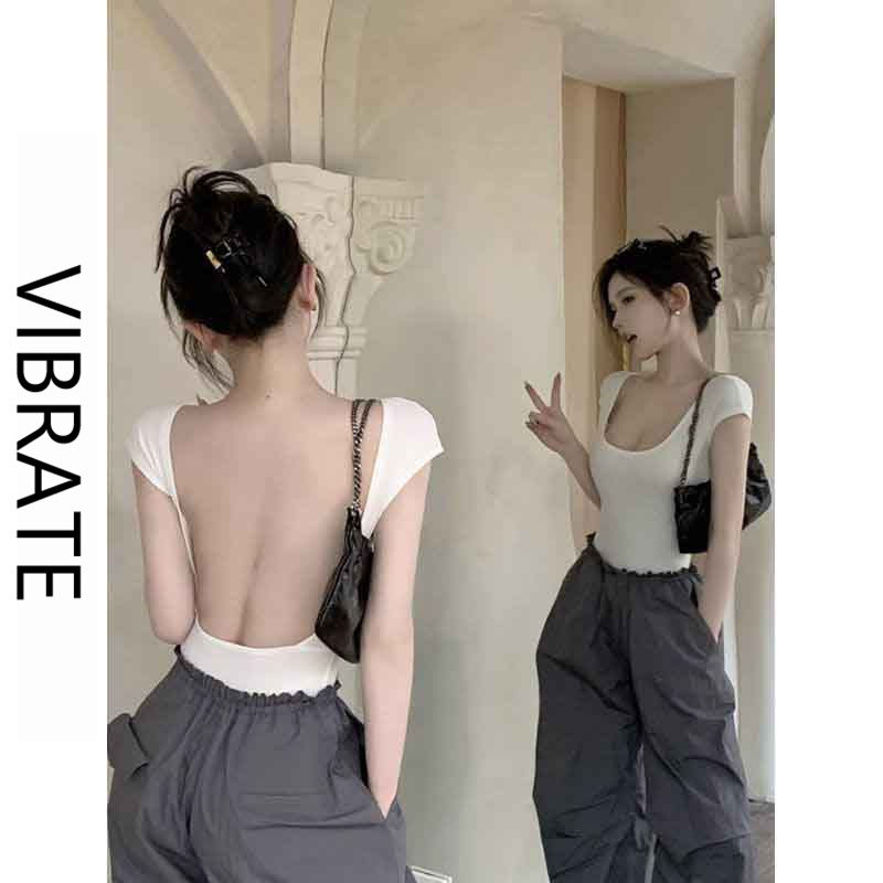 VIBRATE Korean version of the hot girl open back front shoulder short-sleeved t-shirt women's summer short section tight slim slim top summer
