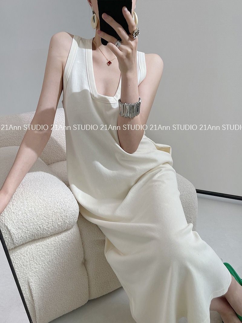 2023夏新款白色长款背心连衣裙女设计感方领简约无袖低领宽松长裙