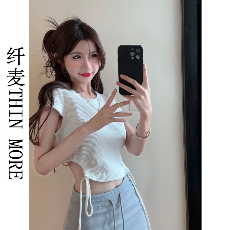 Fianmai THIN MORE summer new strapped short-sleeved T-shirt women's versatile navel-baring short design slim-fitting top