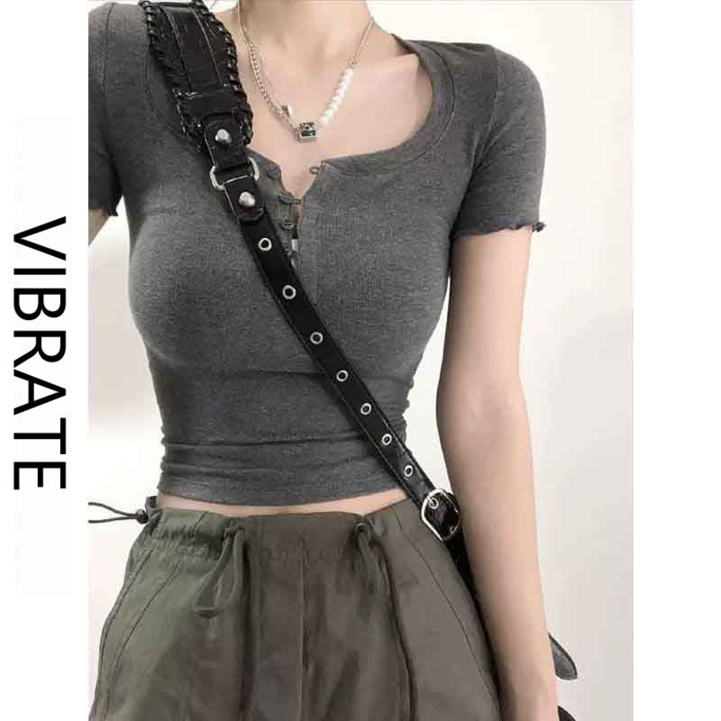 VIBRATE Korean version of short-sleeved t-shirt women's summer design sense niche front shoulder French short tight chic top