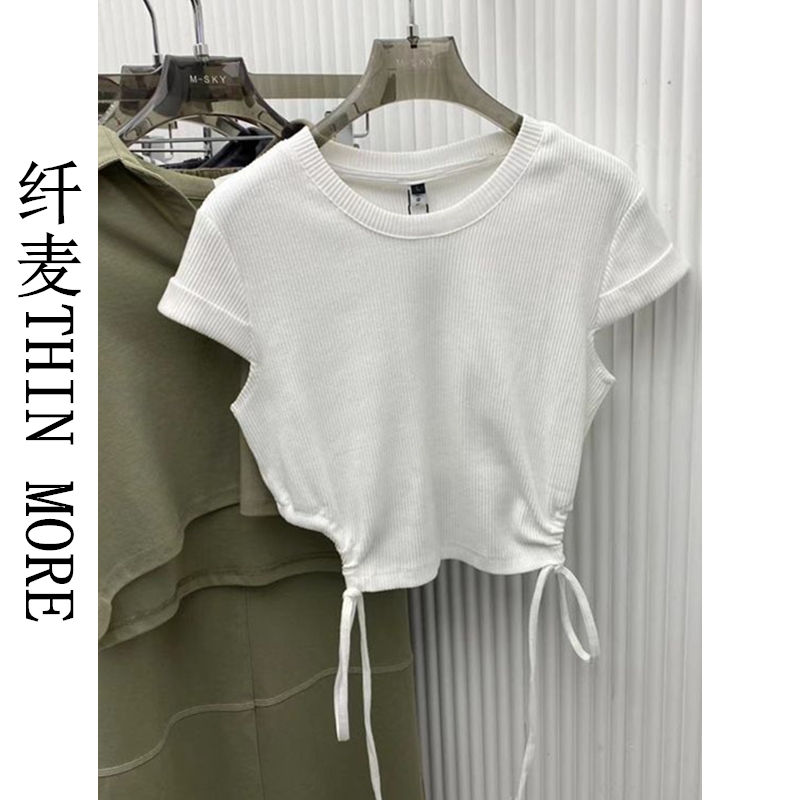 纖麥THIN MORE抽繩小個子短款套頭T恤女夏季新款短袖圓領純色上衣