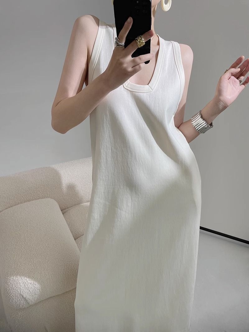 2023夏新款白色长款背心连衣裙女设计感方领简约无袖低领宽松长裙
