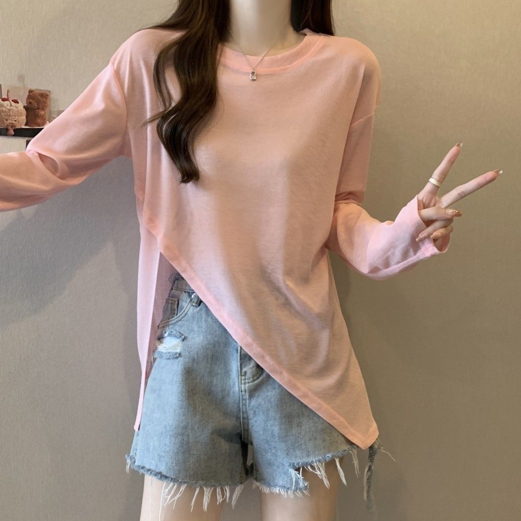 Large size ice silk slit t-shirt for women with fat mm in summer, loose and irregular mid-length butt-covering thin sun protection blouse