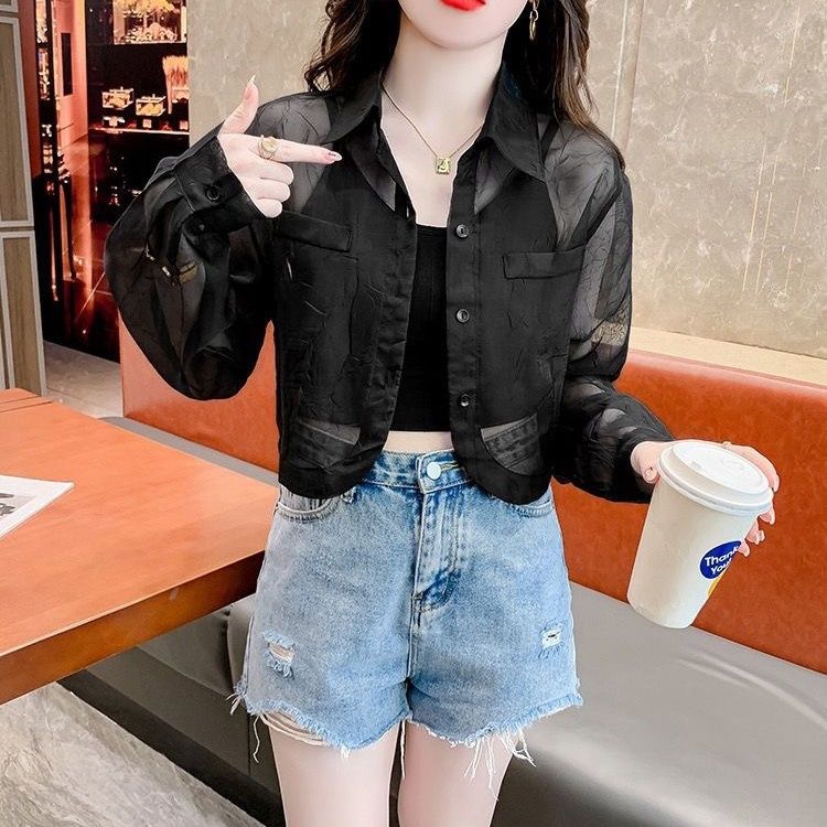 純色肌理感防曬襯衫外套女夏季2023薄款開衫洋氣顯瘦短款長袖上衣