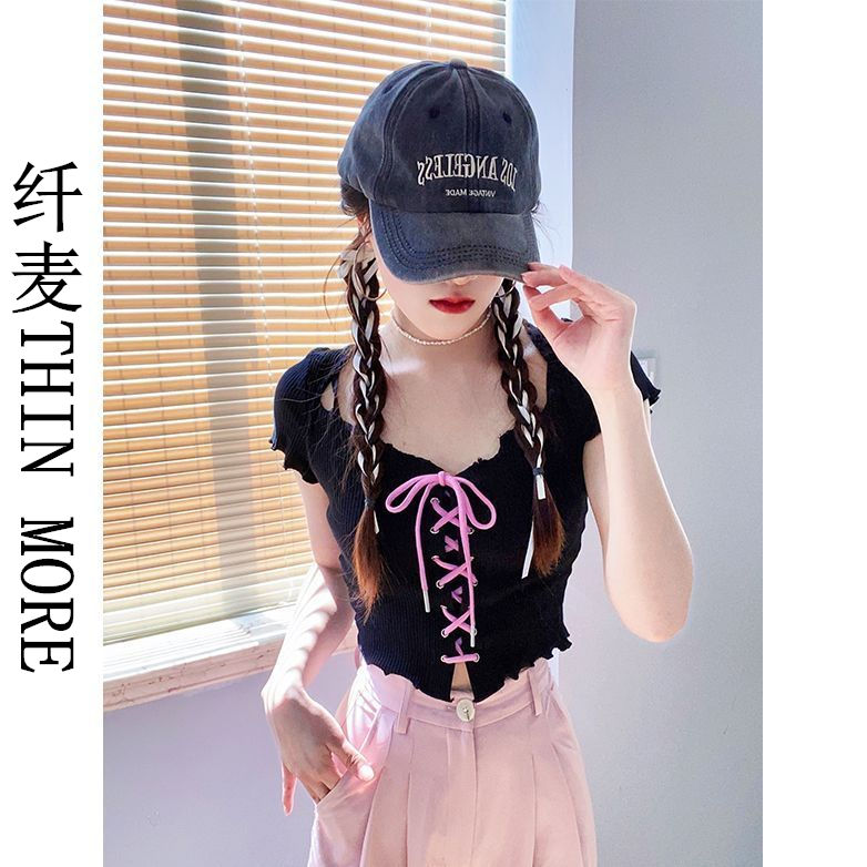 Fianmai THIN MORE slim, sweet and cool strappy shoulder short-sleeved T-shirt for women with summer and Korean design niche short top