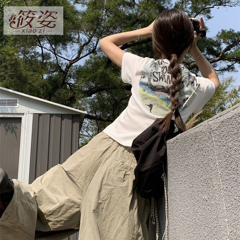 筱姿辣妹塗鴉風正肩t恤衫夏季薄款遮肉顯瘦百搭短袖復古美式上衣