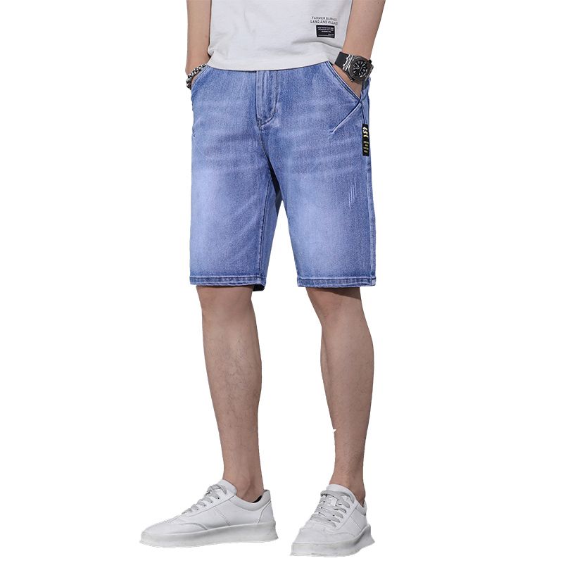 Denim shorts men's summer thin Korean style trendy loose straight men's casual elastic five-quarter pants mid-pants jodhpurs