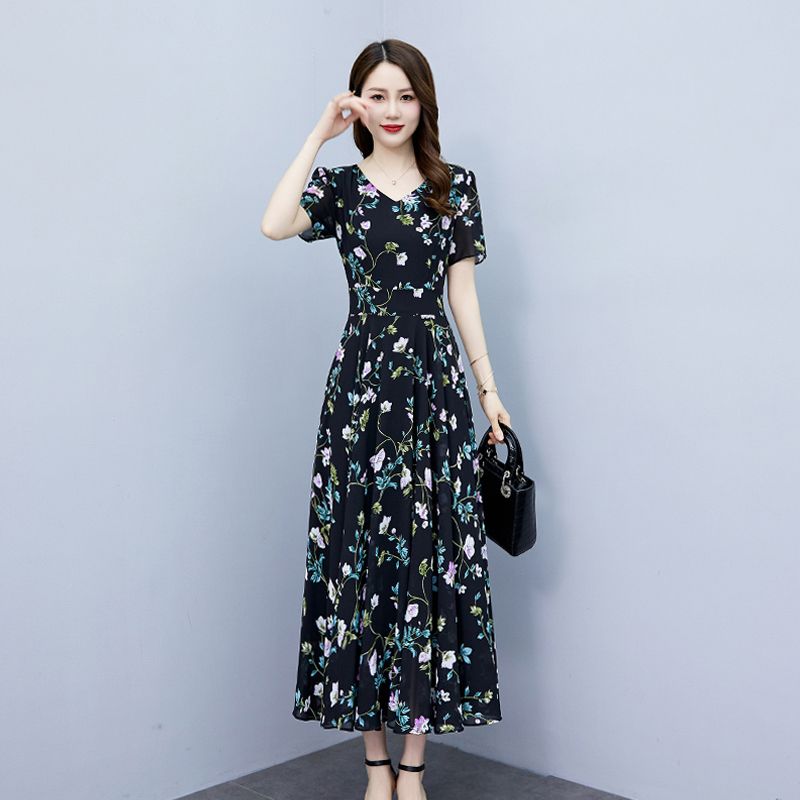 夏季連衣裙2023新款高檔洋氣雪紡碎花高貴優雅氣質媽媽過膝長裙女