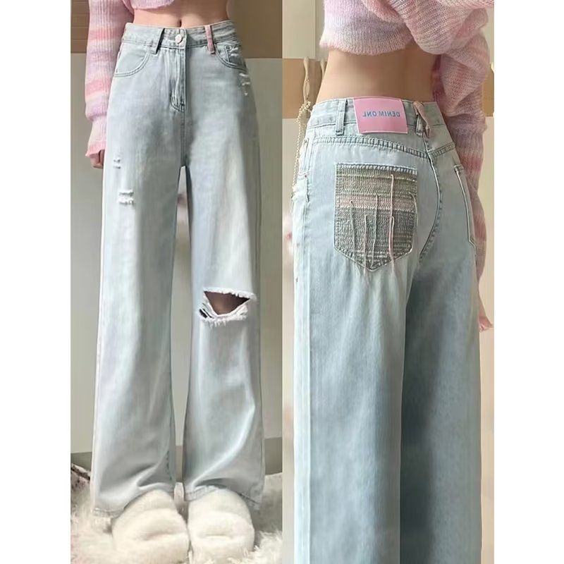 淺色破洞牛仔褲女夏季大碼寬鬆顯瘦設計感梨形身材高腰闊腿直筒褲