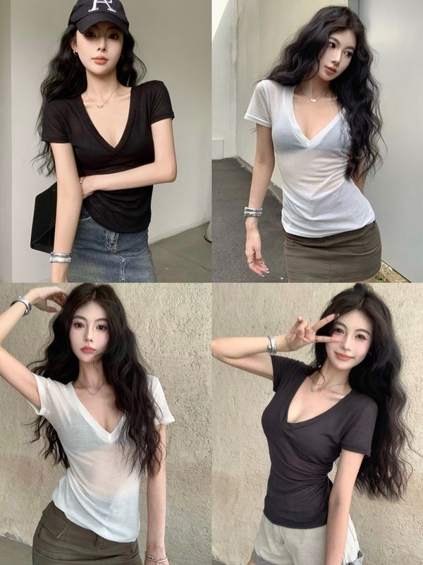 SODAZZZ hot girl style V-neck gray shoulder short-sleeved T-shirt women's summer thin slim-fitting bottoming shirt top