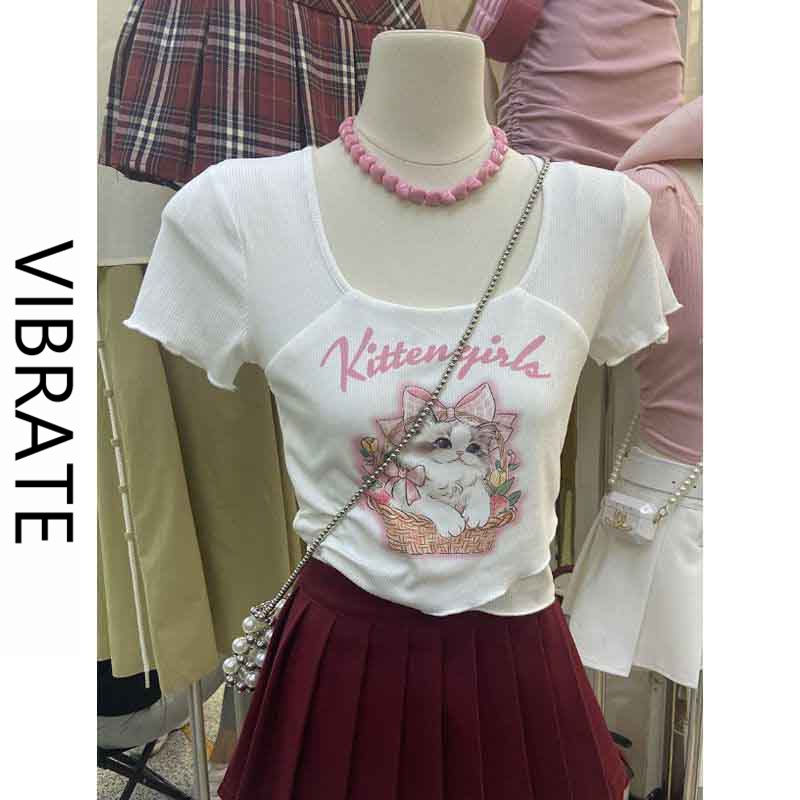 VIBRATE Korean version of the summer new slim slim short square collar cat print short-sleeved T-shirt women's top Korean