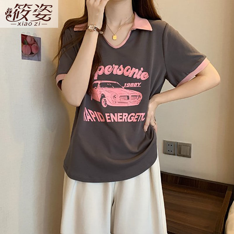 筱姿2023年polo領夏季女裝胖mm遮肚短袖藏肉顯瘦洋氣印花正肩上衣